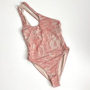 L*Space Blush Tan Shimmer Swirl One Shoulder Cutout One Piece Swimsuit Sz M